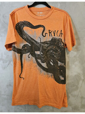 RVCA Men’s Orange Octopus Graphic Logo Crew Neck Short Sleeve T-Shirt size M